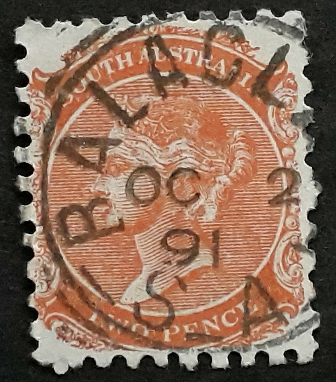 1891 South Australia 2d Orange 2nd S/F Stamp Square Circle BALACLAVA S.A. PMK