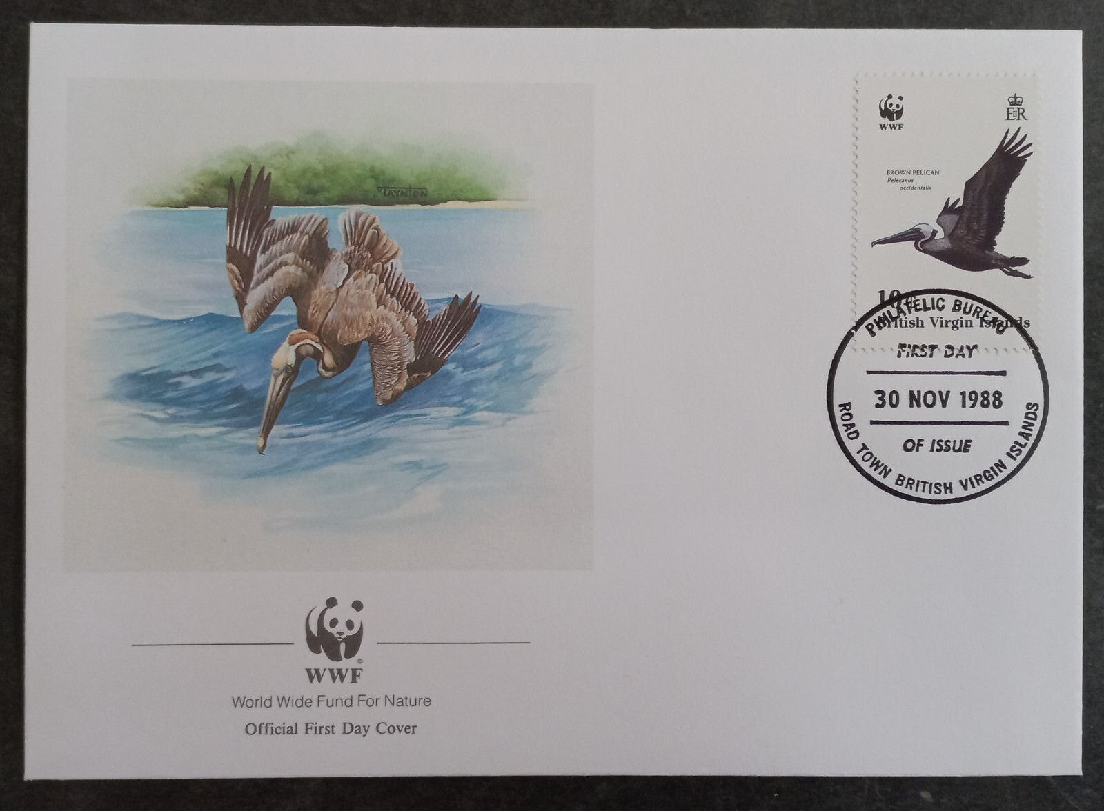1988 British Virgin Islands World Wildlife Fund FDC 10c Stamp cd Road Town