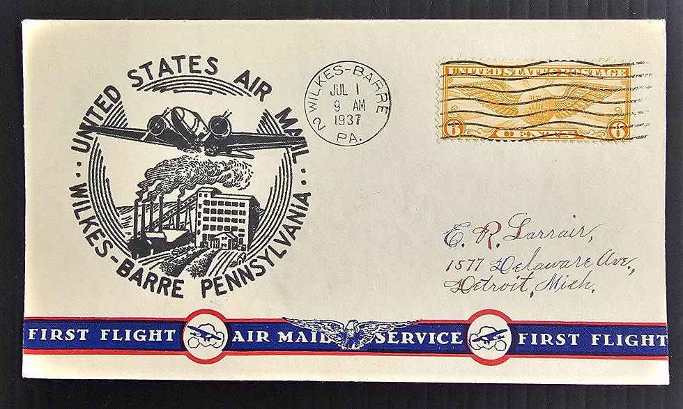 1937 United States Airmail Cover ties 6c stamp cd Wilkes-Barre to Detroit