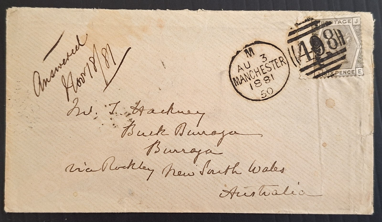 1881 NSW Australia Inwards cover Manchester to Burraga 6d Grey UK Plt 17 stamp