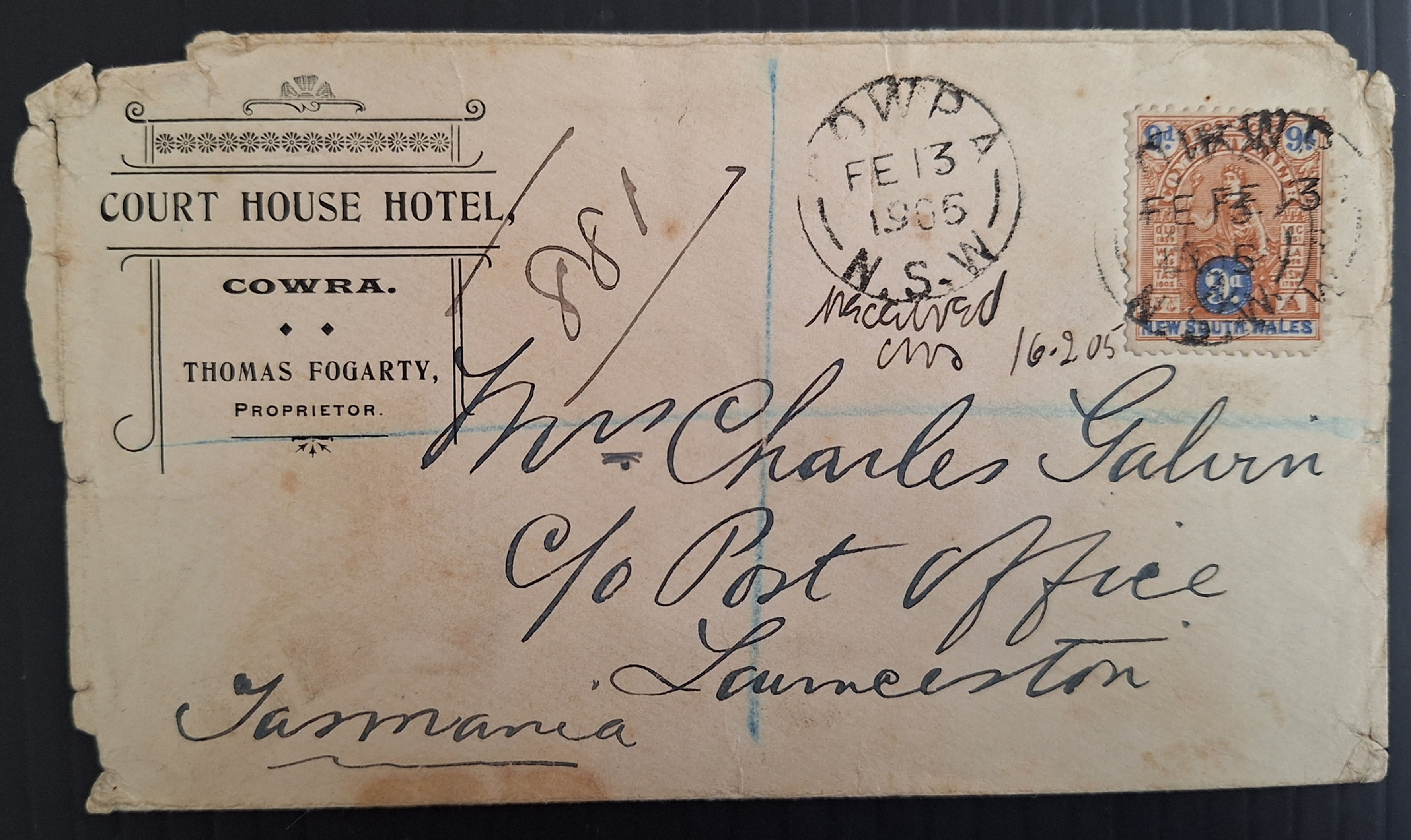1905 NSW Australia 9d Com stamp on Advert cover Cowra-Launceston Court Hse Hotel
