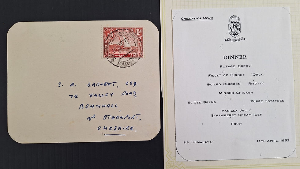 1952 Aden Postcard-SS Himalaya Menu 1.5As Stamp cd Bombay Foreign Paquebot