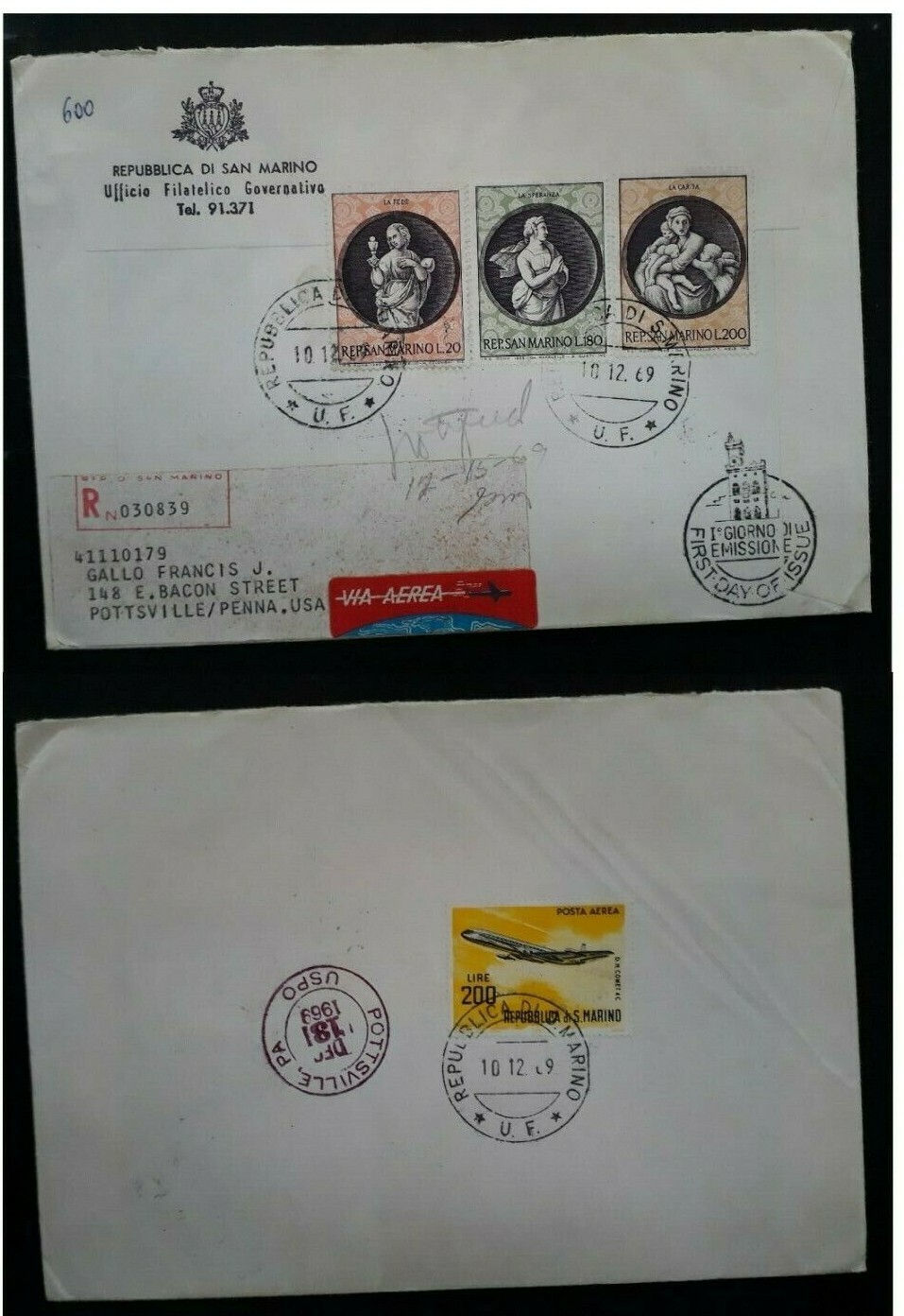 1969 San Marino Christmas stamps Registered FDC ties 4 stamps to USA
