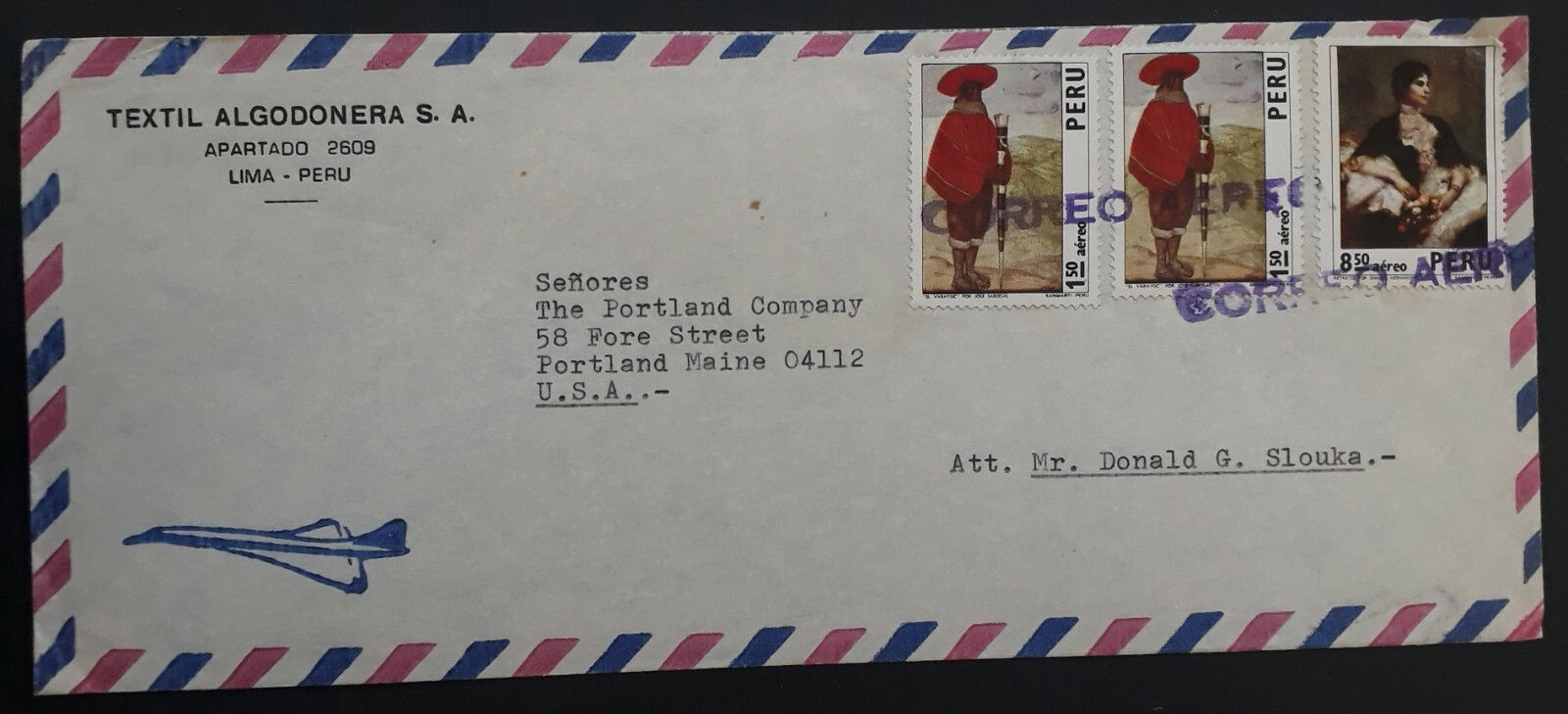 c.1973 Peru Algodonera Textiles Airmail Cover ties 3 stamps to USA
