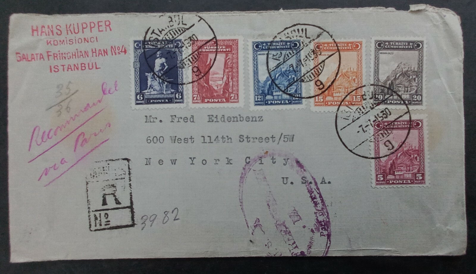 1930 Turkey Registd Cover ties 6 stamps canc Istanbul to New York USA
