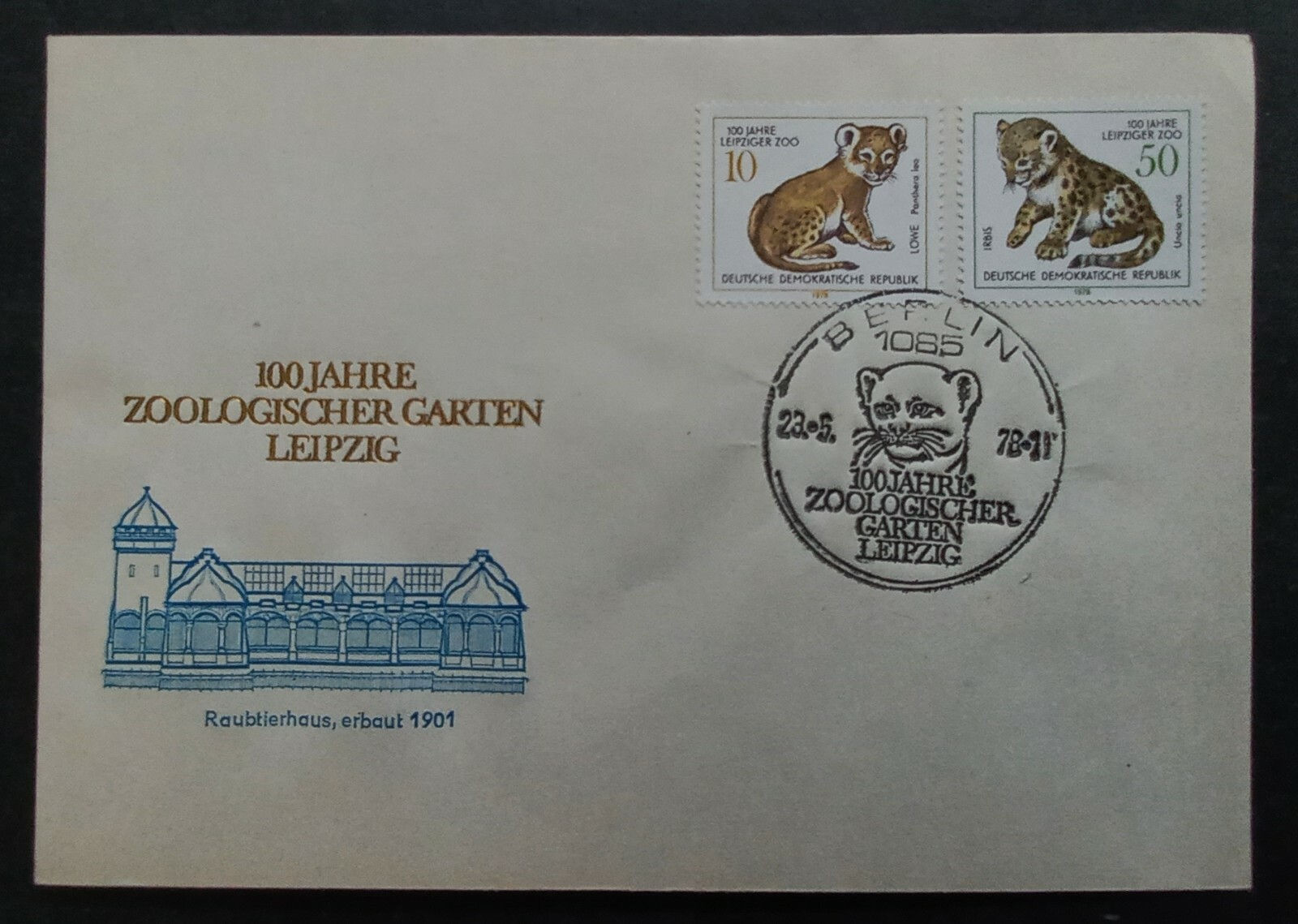 1978 Germany (DDR) Leipzig Zoo 100th Anniv FDC ties 2 Stamps cd Berlin