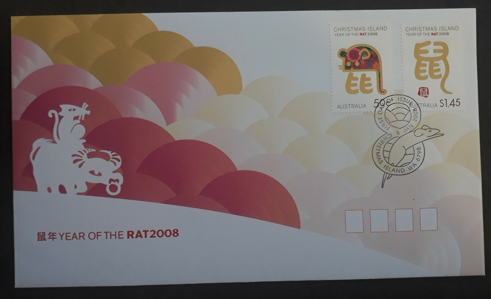 2008 Christmas Island Year of the Rat FDC ties 2 Stamps cd Christmas Island