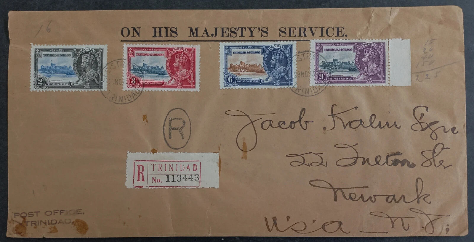 1935 Trinidad & Tobago Registered O.H.M.S. Cover 4 Silver Jubilee stamps-USA