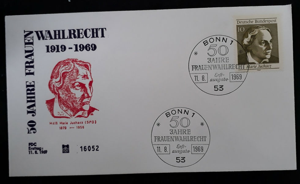 1969 Germany (Federal Rep.) 50th Anniv of Women's Suffrage FDC ties 10 Pfg stamp