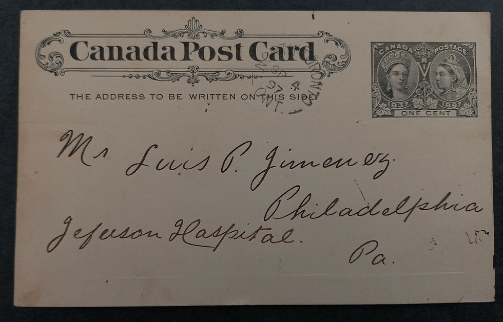 1897 Canada 1c Black Stamped Postcard cd North Toronto-Philadelphia