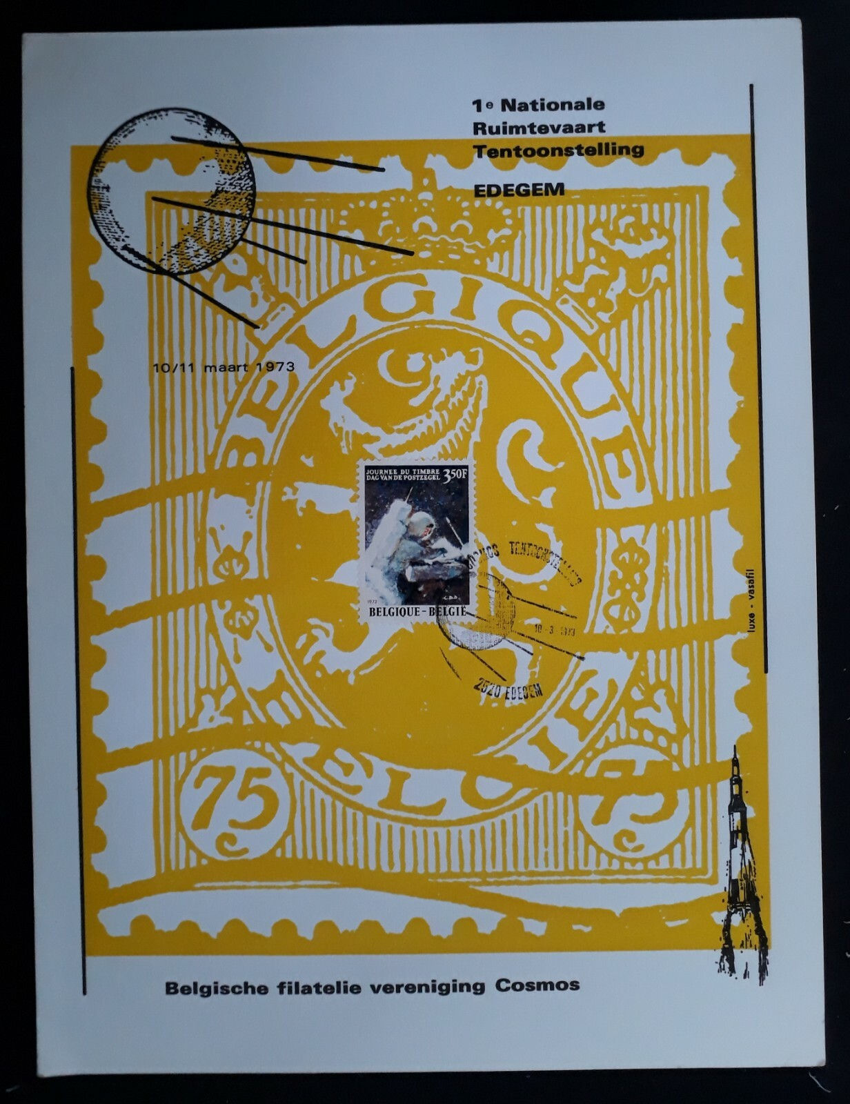 1973 Belgium 1st National Space Exhibition Card ties 3F50 stamp Cosmic Exhibitn