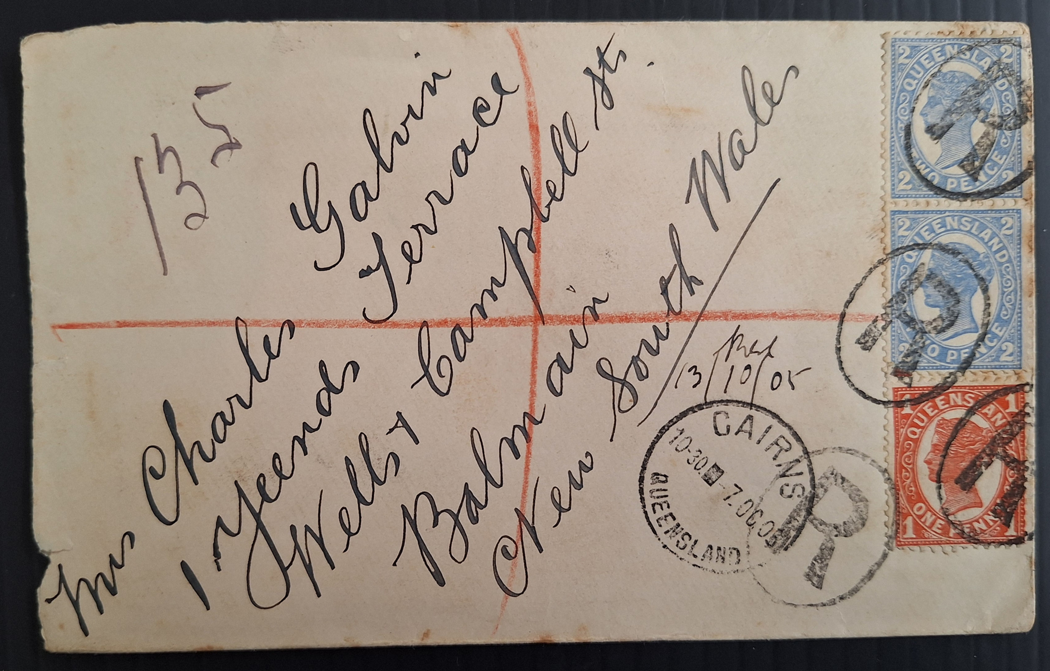 1905 Queensland Australia Cover ties 3X4th Sideface Stamps Cairns to Balmain