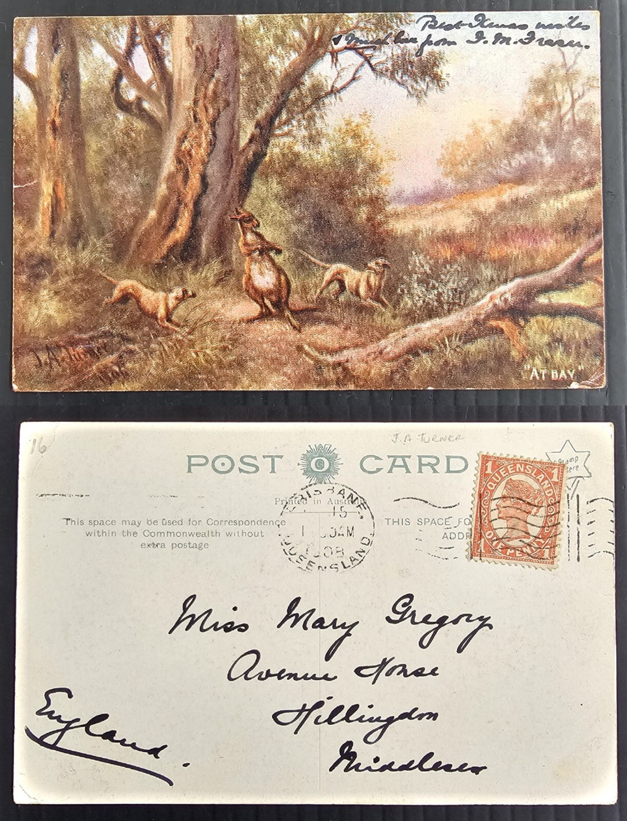 1908 Queensland Australia Postcard from J A. TURNER series-AT BAY-Used Brisbane