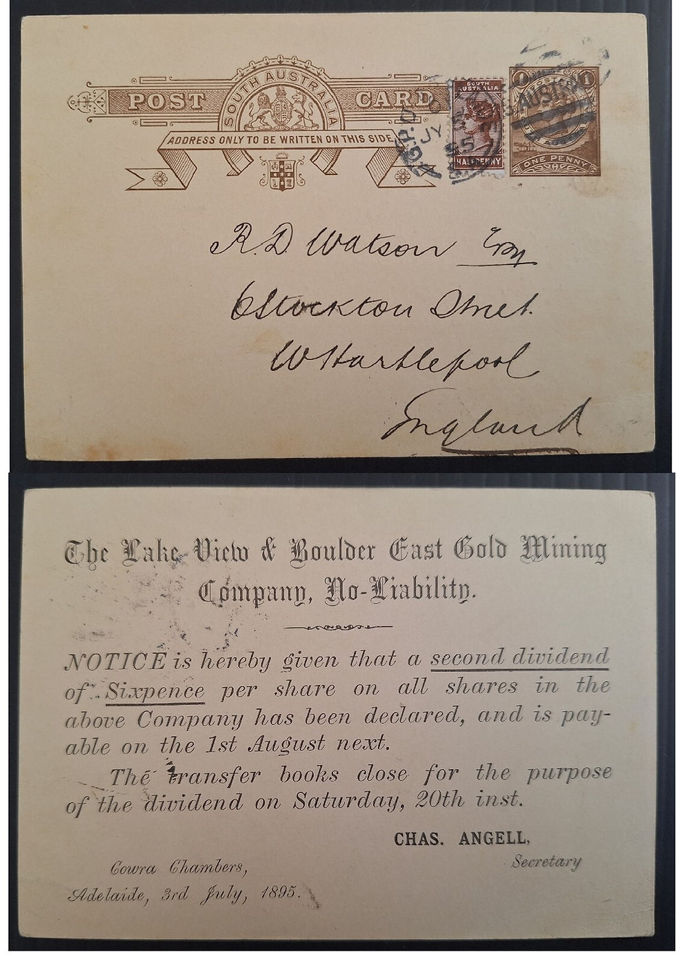 1895 South Australia Uprated 1d PostCard - Lake View & Boulder East Gold Mining