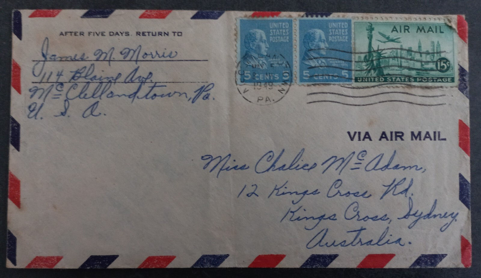 1949 United States Airmail Cover ties 3 Stamps cd McClelland, PA