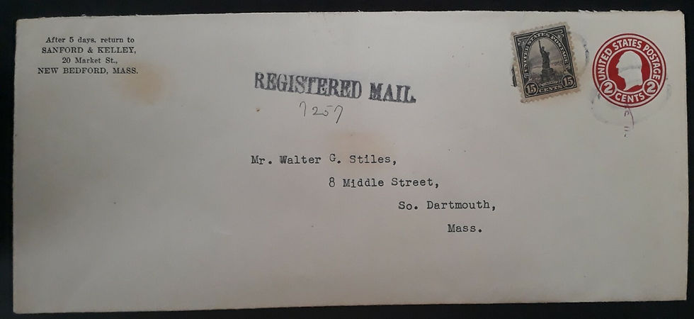 1939 United States Registd 2c Stamped Cover with extra 15c stamp canc New Bedfrd