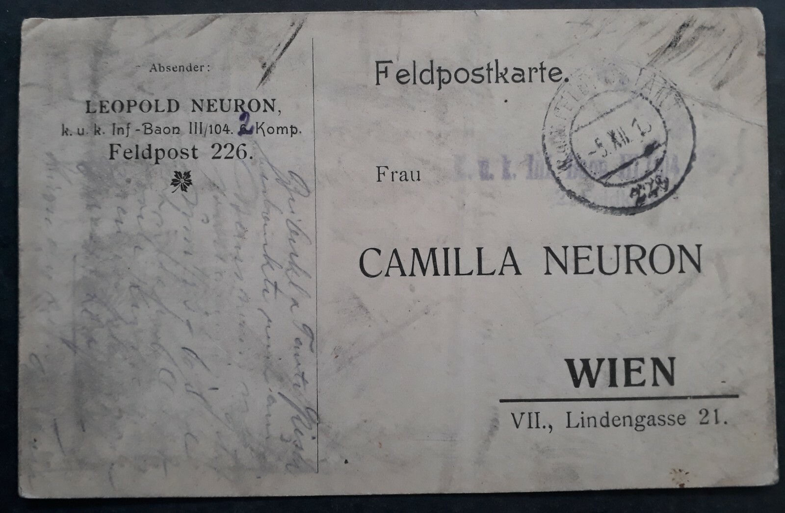1916 Austria Postcard cancelled Field PO No. 226 to Wien No Stamp