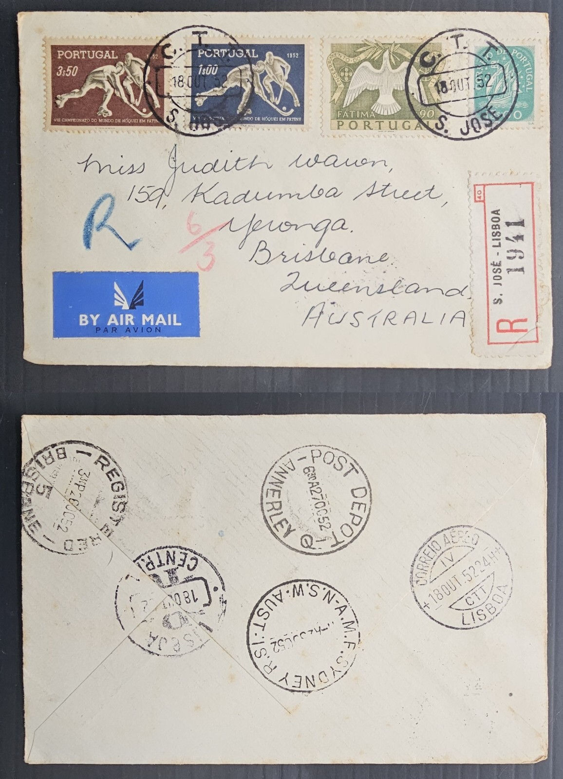 1952 Portugal Airmail Reg Cover ties 4 stamps cd CTT S. Jose-Brisbane