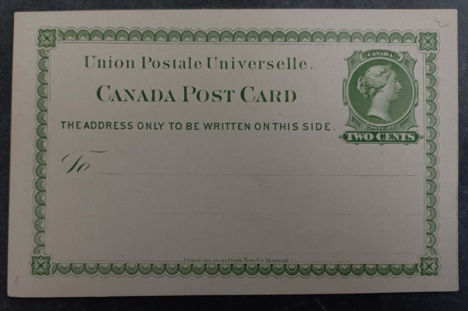 Undated Canada 2c Stamped Postcard Unused
