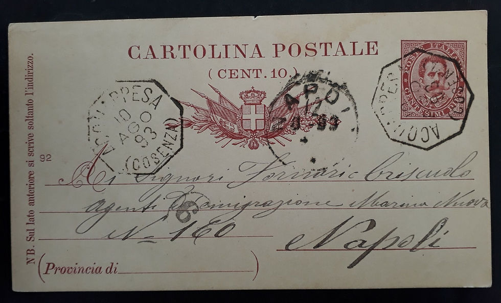 1893 Italy 20c brown Stamped Postcard cancelled Acquapessa to Napoli