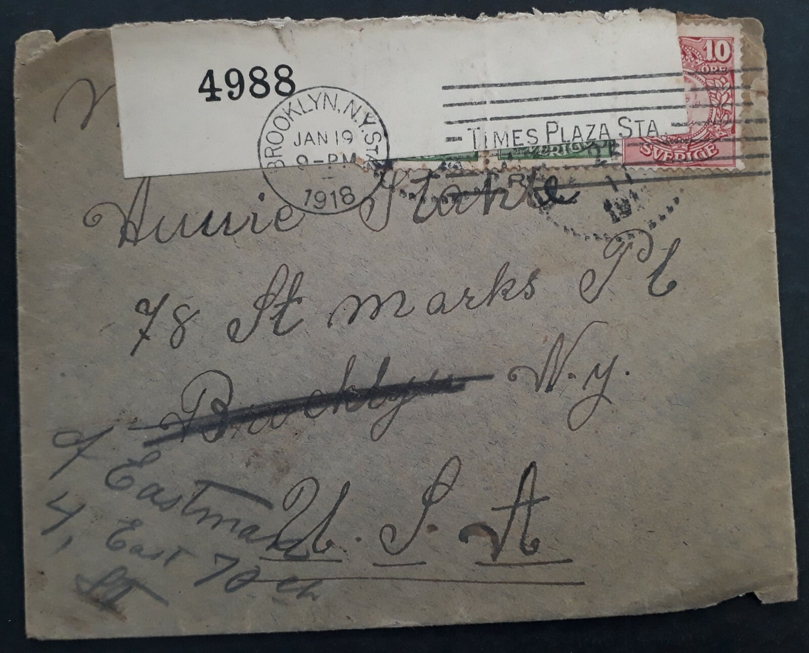 1918 Sweden Censor cover to USA ties 3 King Gustav V stamps