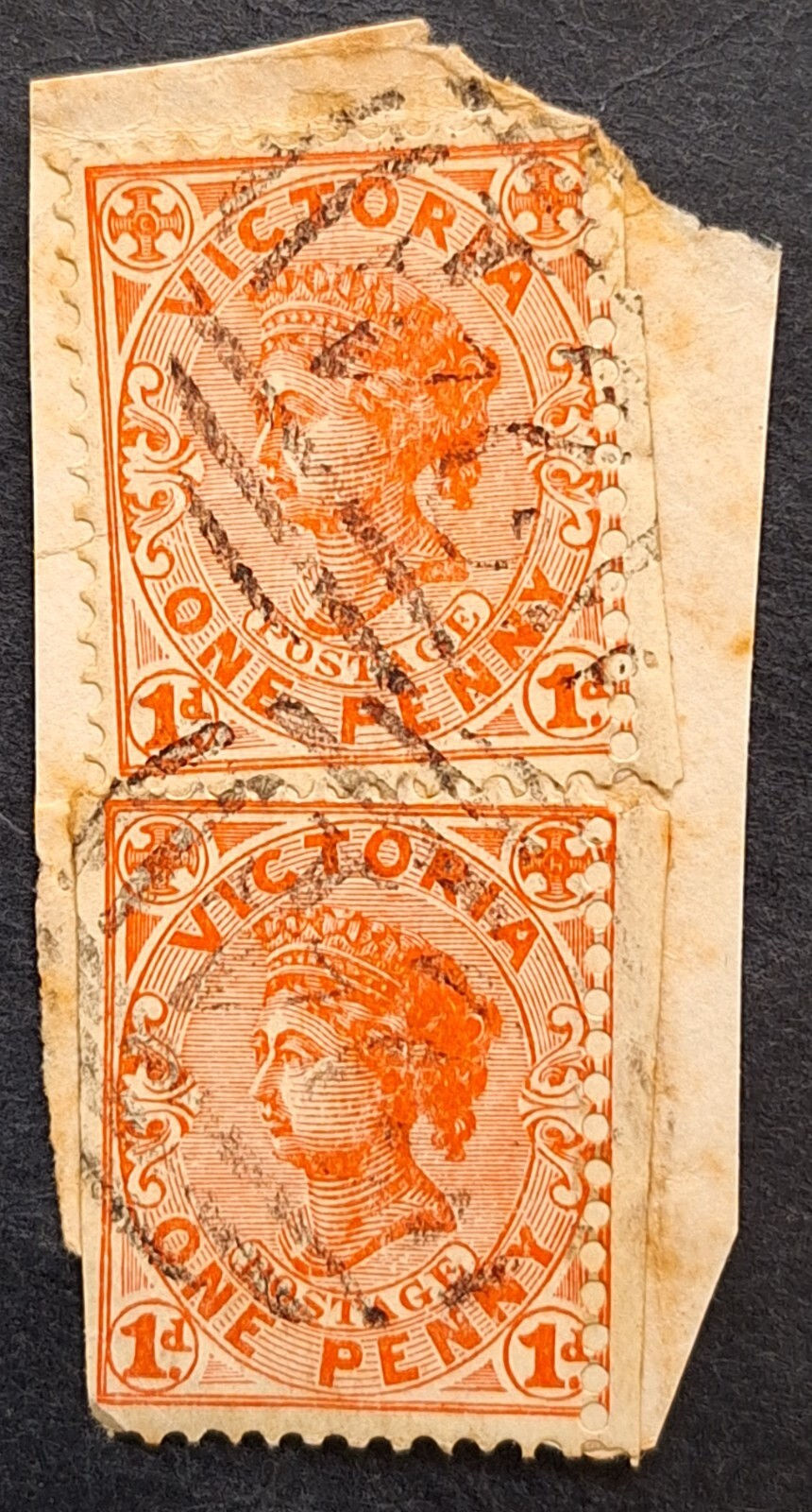 c1901- Victoria Australia Pair 1d rose red QV stamp Barred Oval CDS 24 BULLA