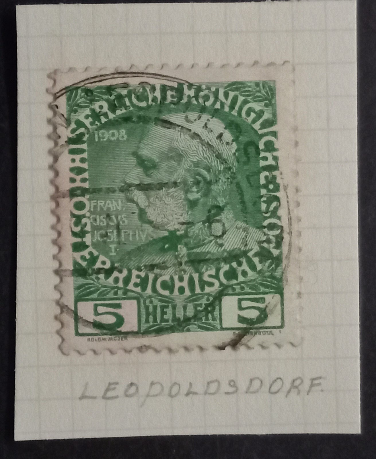 c. 1908 Austria 5H Franz Josef I Commemoration Stamp cd Leopoldsdorf