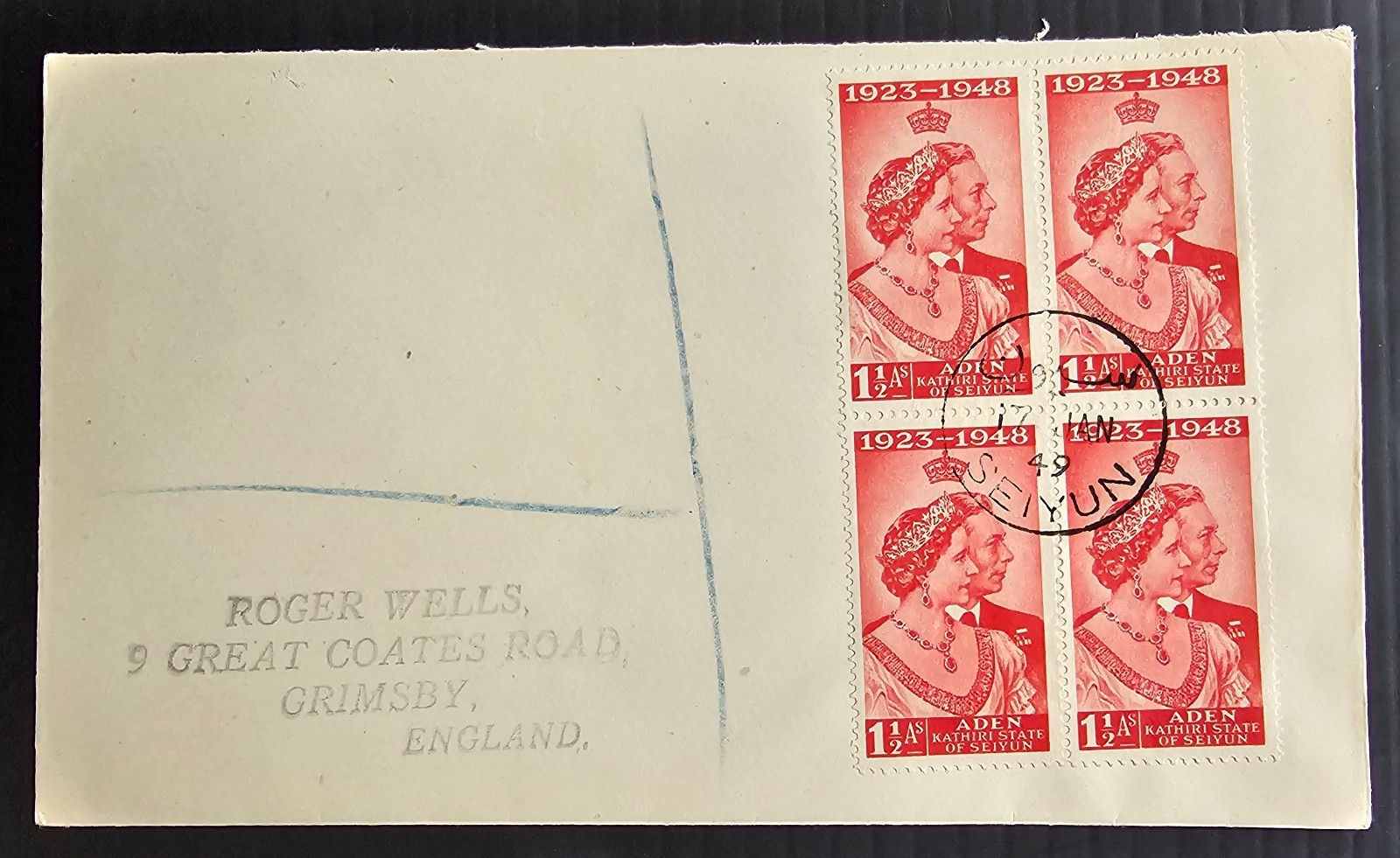 1949 Aden (Seiyun) Royal Wedding FDC 4 Stamps cd Seiyun-Grimsby