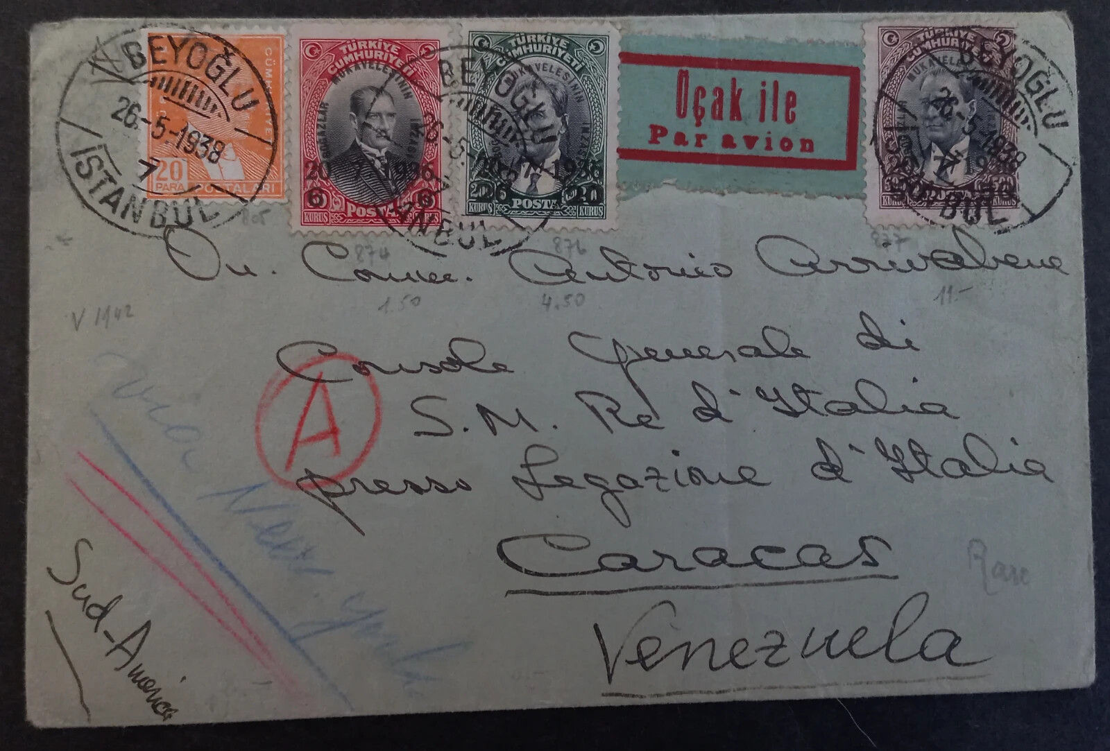 1938 Turkey Airmail Cover ties 4 stamps cancelled Istanbul to Venezuela