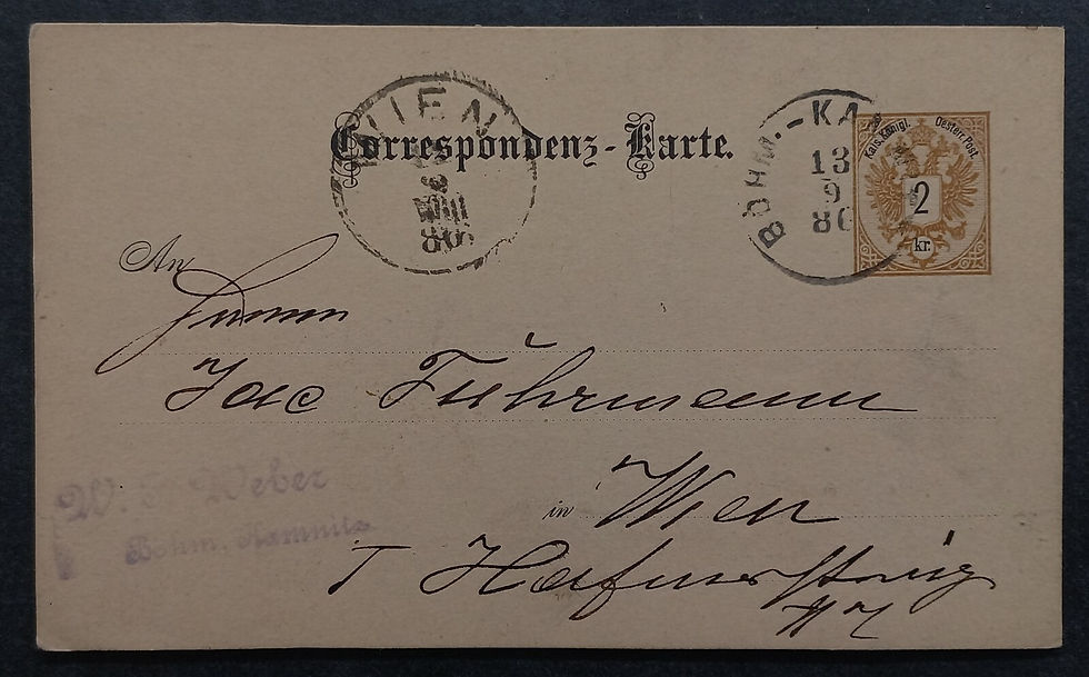 1886 Austria 2Kr Stamped Postcard cd Bohm-Kamnit to Vienna, Austria