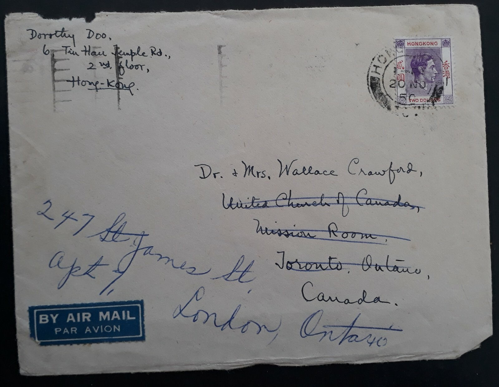 RARE 1950 Hong Kong Cover ties $2 stamp to London Canada