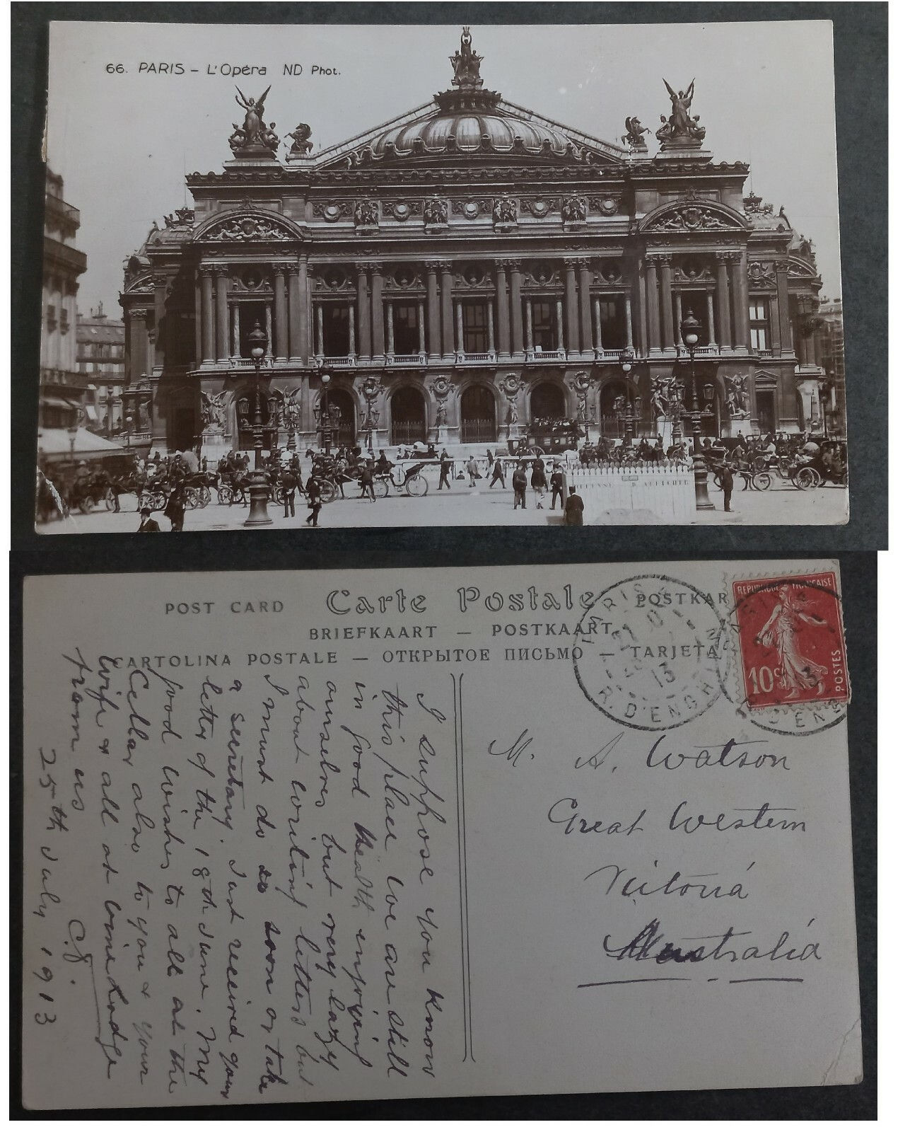 1913 France Postcard-The Opera ties 10c Stamp cd Paris-Victoria