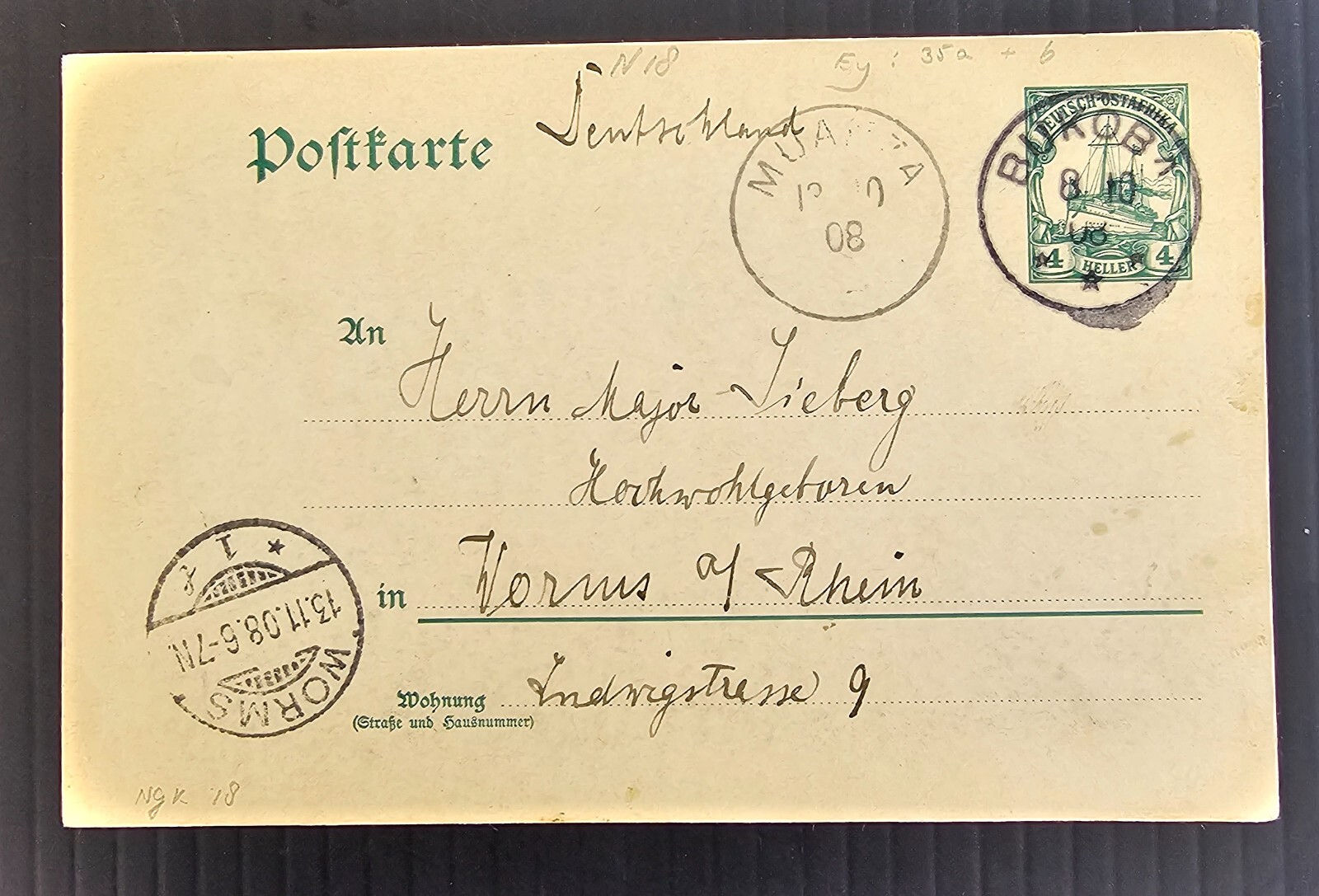 1908 German East Africa 4H Stamped Postcard cd Bukoba-Worms