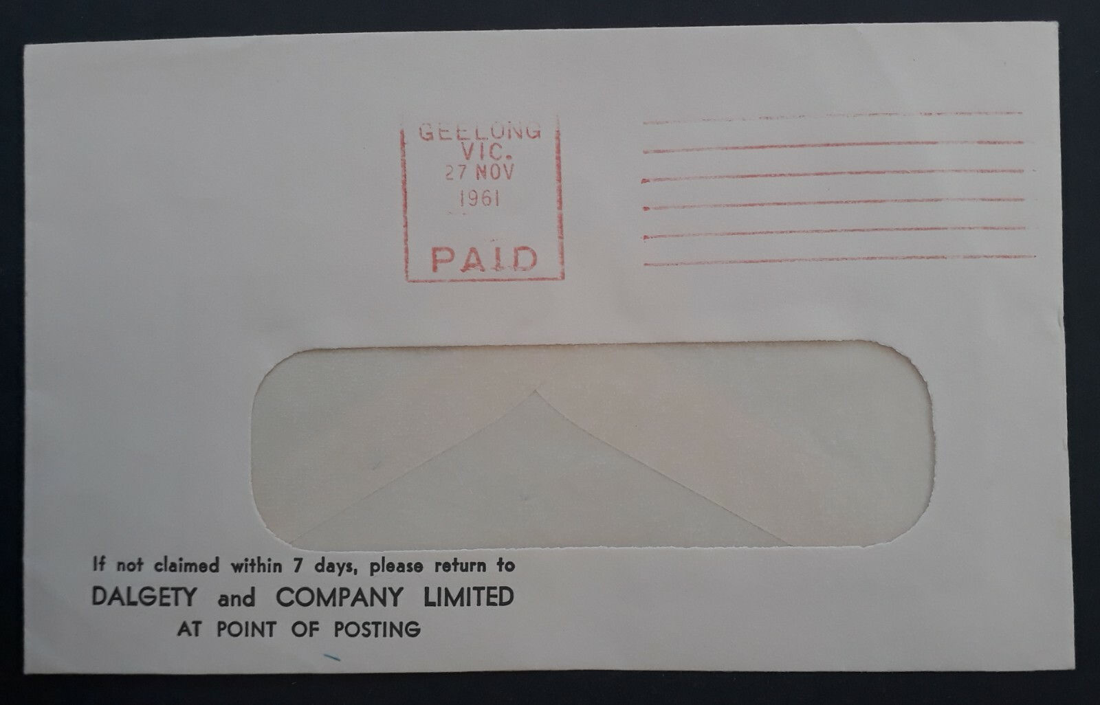 1961 Australia Commercial Window Cover DALGETY and COMPANY LIMITED Geelong