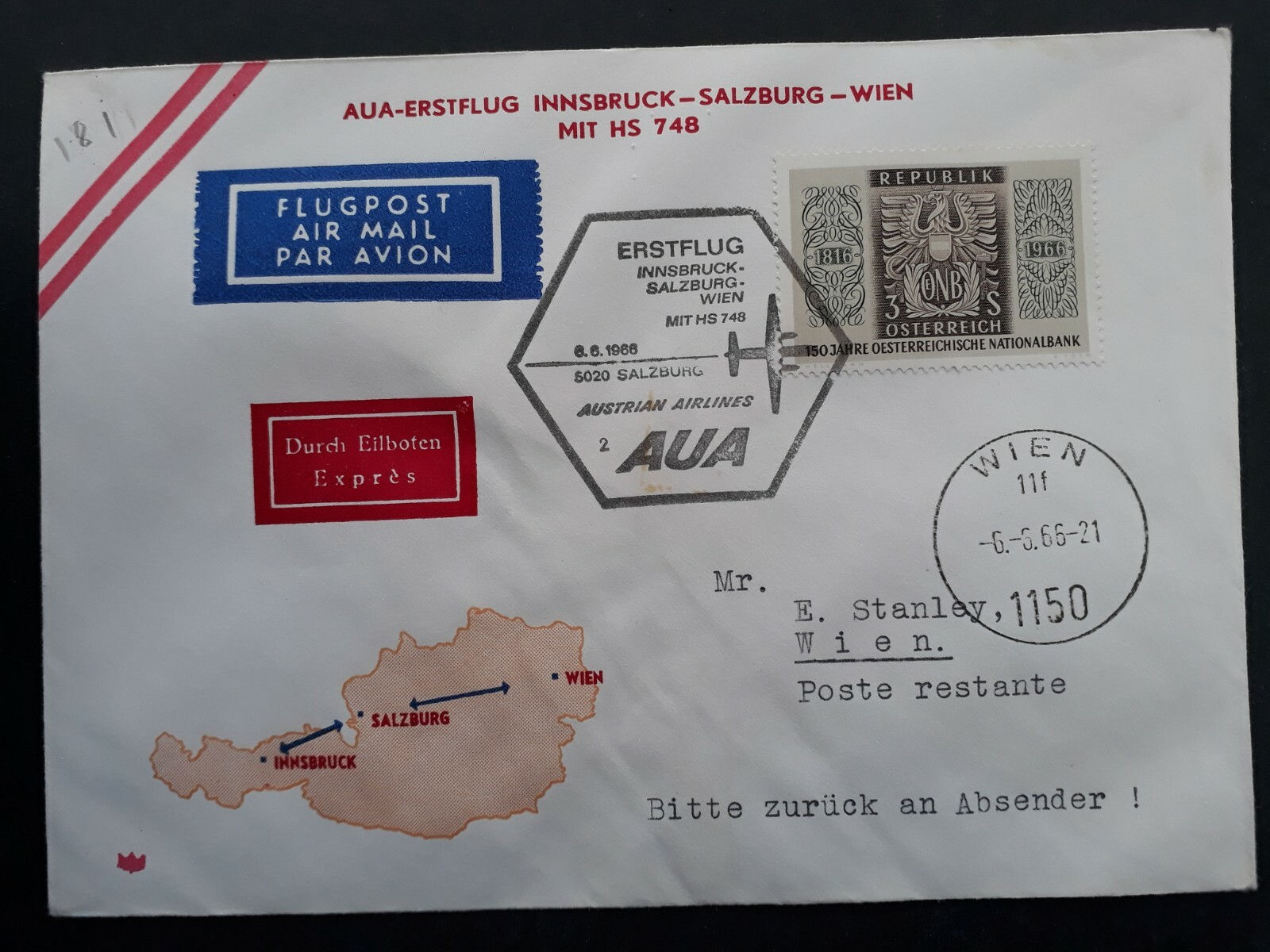 1966 Austria 1st Flight AUA Innsbruck to Vienna via Salzburg Cover ties 3S stamp