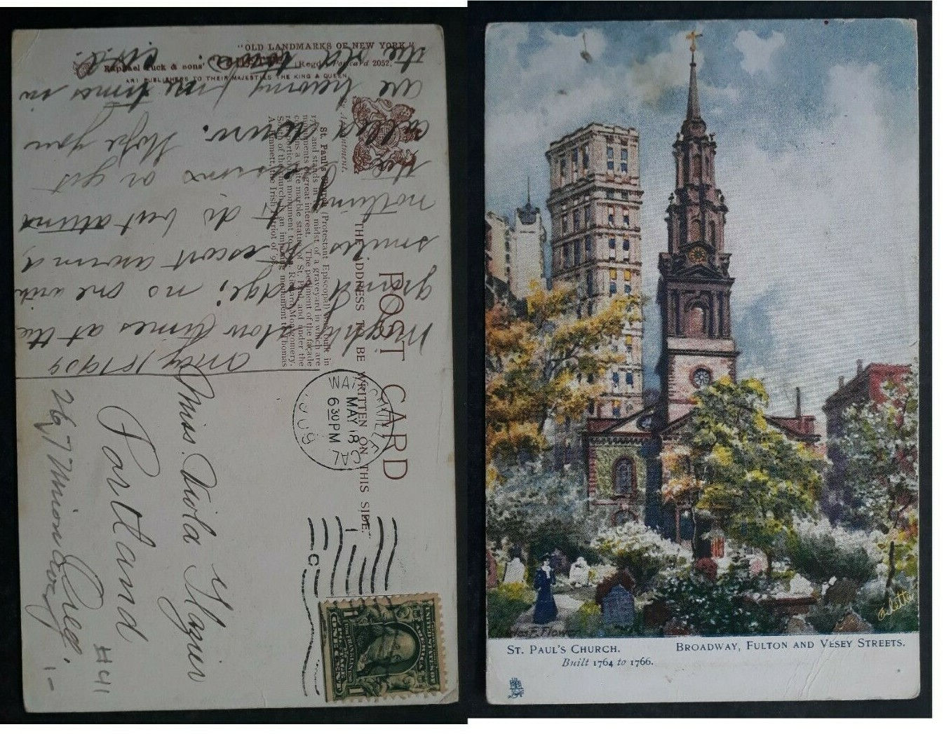 1909 United States Postcard-St Paul's Church ties 1c stamp cd Watsonville