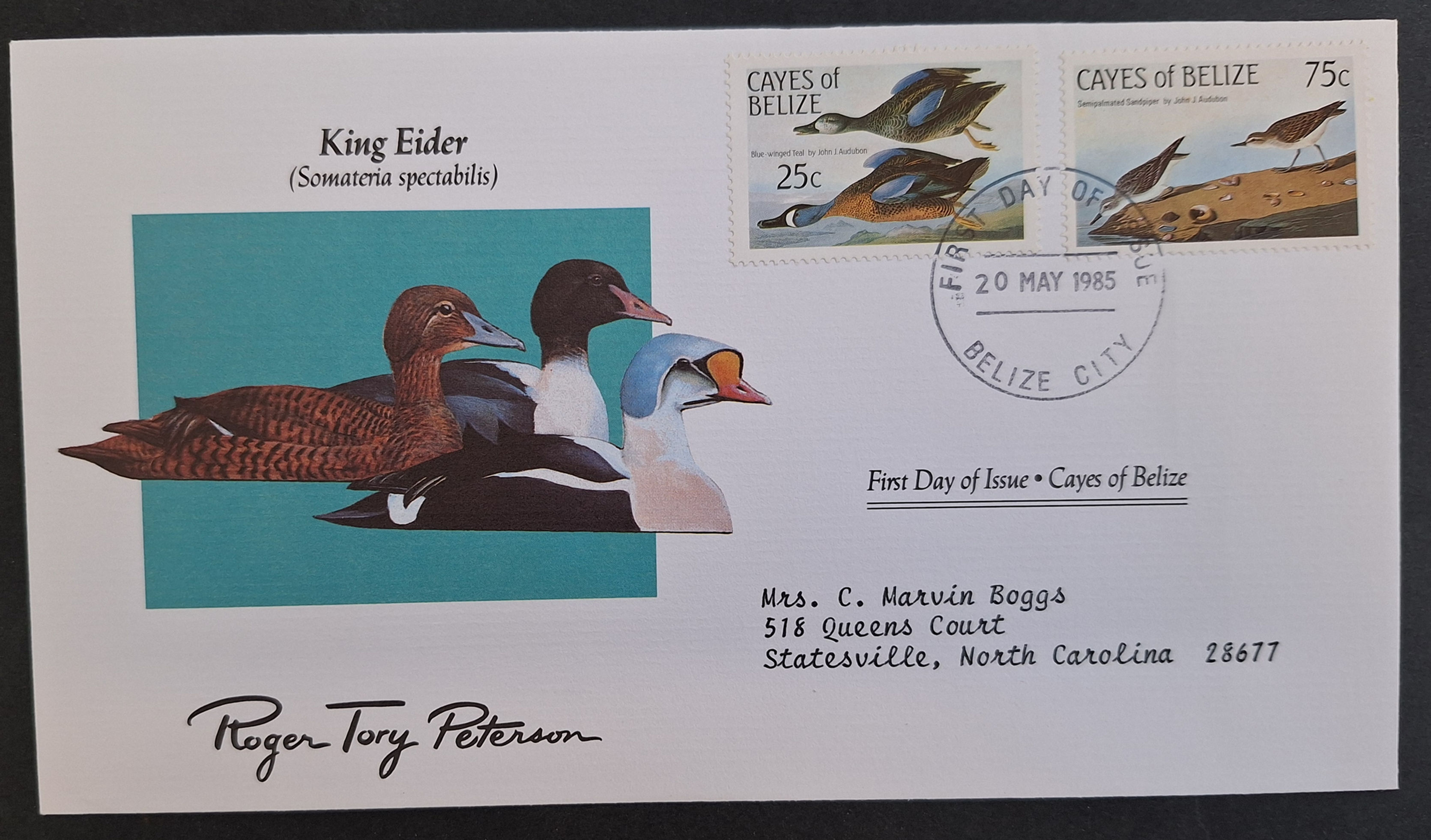 1985 Cayes of Belize Audubon Birds King Eider FDC 2 stamps cd Belize City