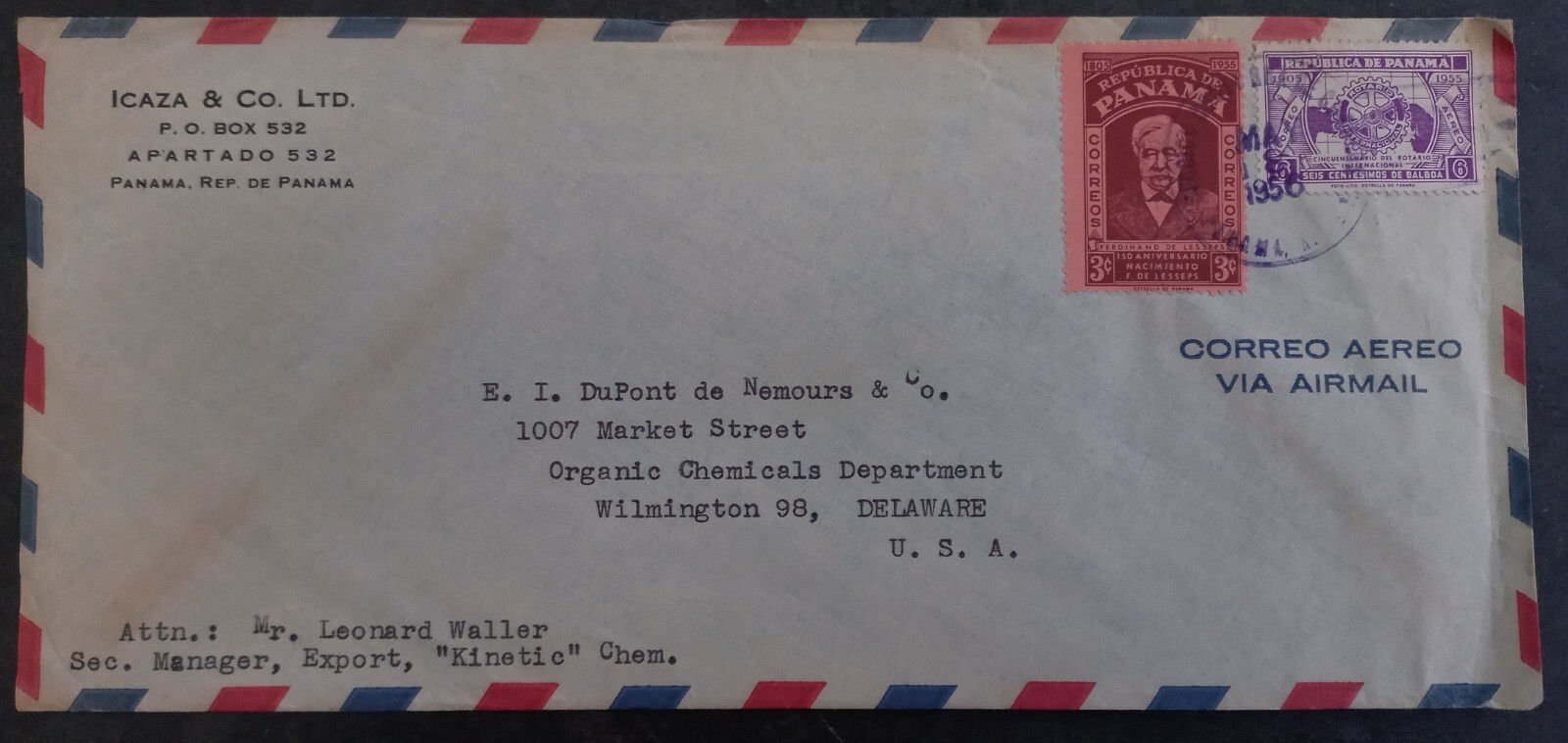 1956 Panama Airmail Cover ties 2 stamps cd Panama-Wilmington