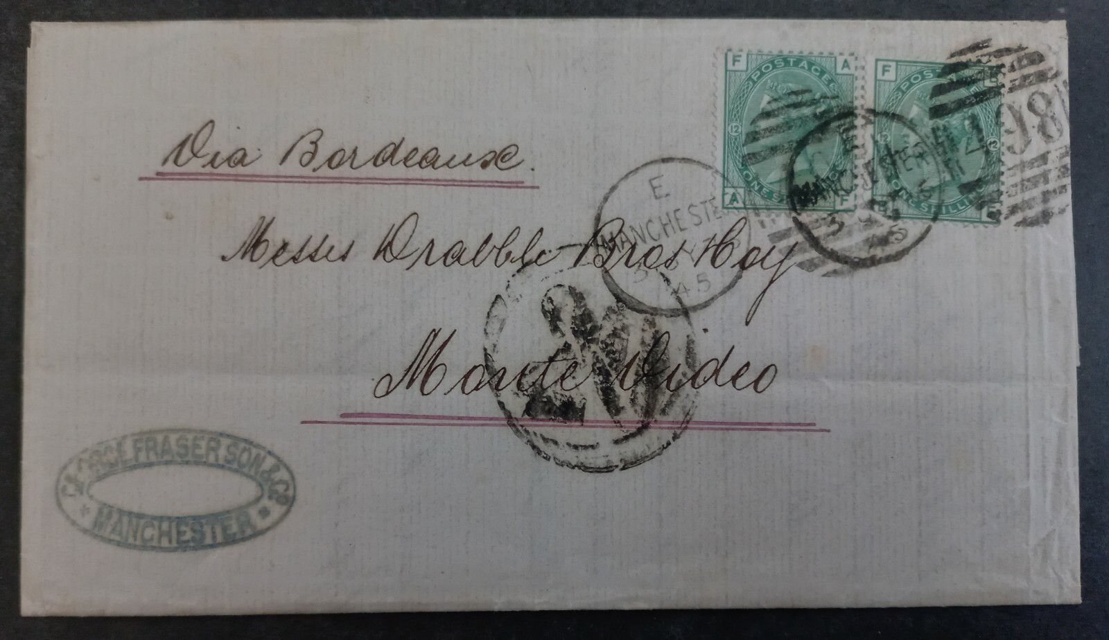 1876 Great Britain Entire ties 2 stamps cd Monchester-Montevideo