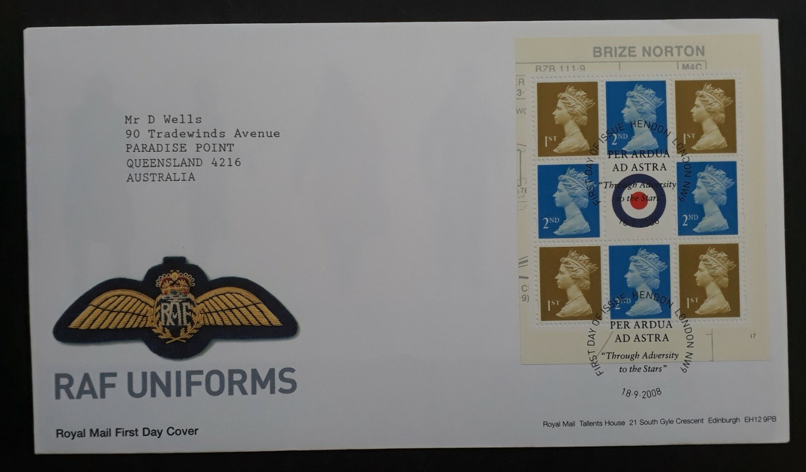 2008 Great Britain RAF Uniforms FDC w Card ties 8 Stamps cd Hendon