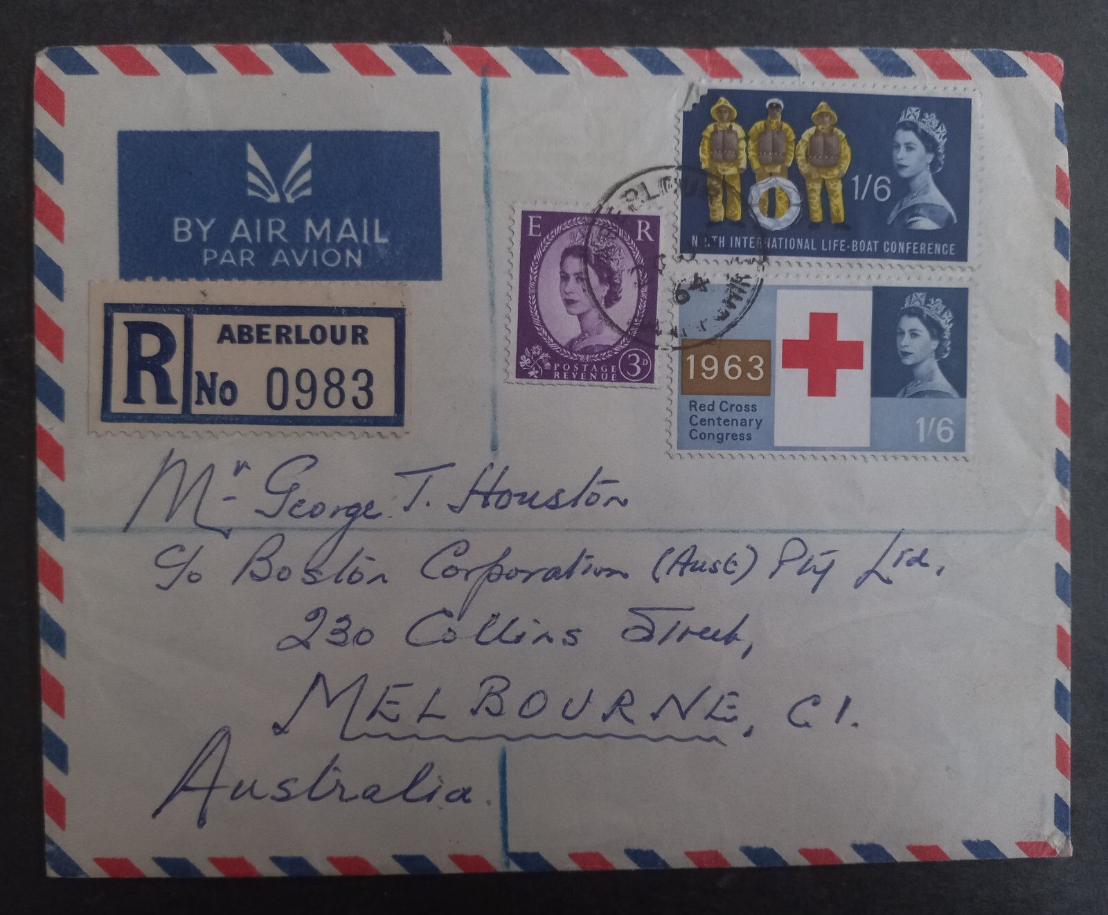 1964 Great Britain Airmail Cover ties 3 Stamps cd Aberlour-Melbourne