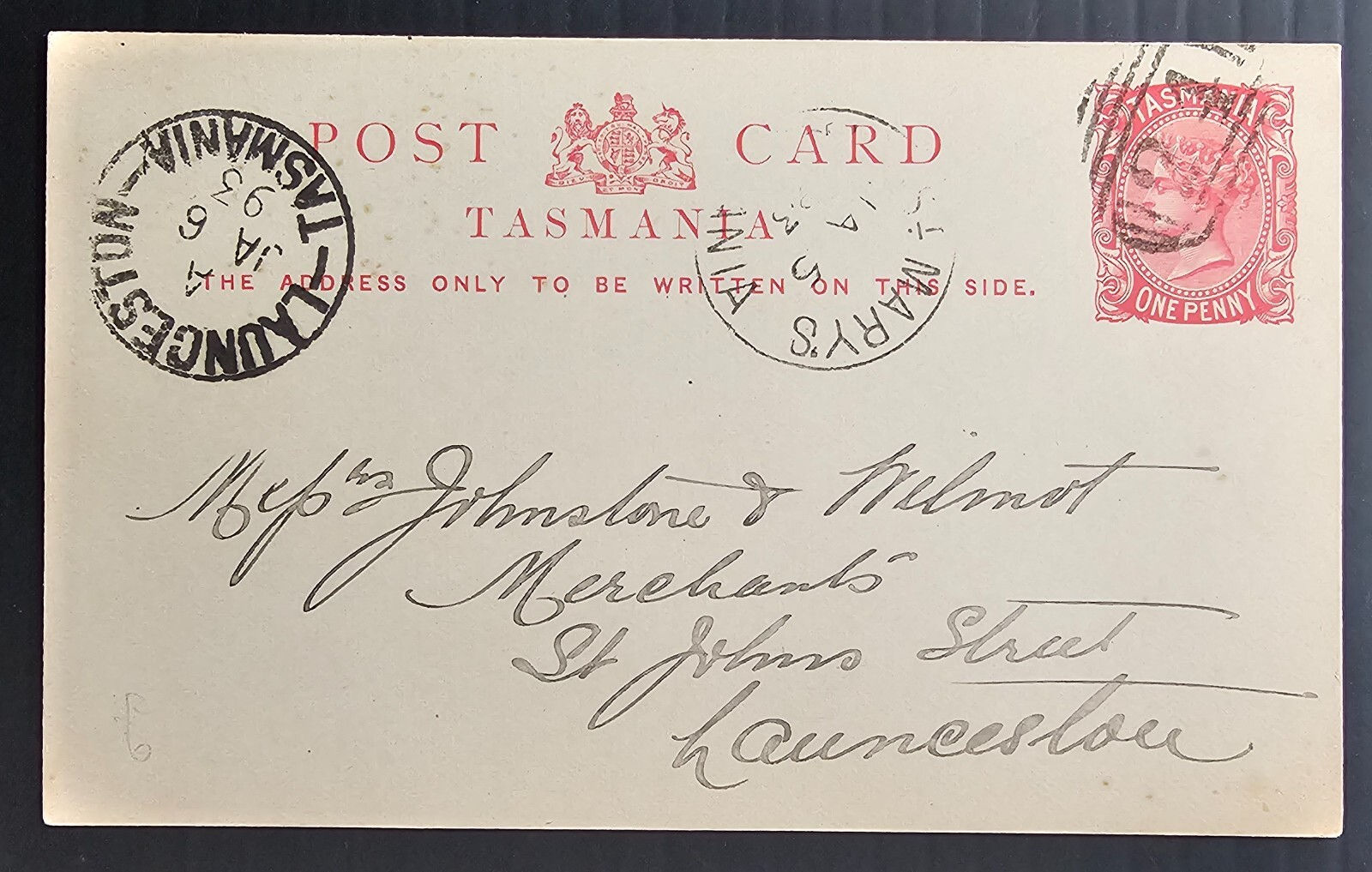 1893 Tasmania Australia 1d stamped Postcard cd St Mary's-Launceston