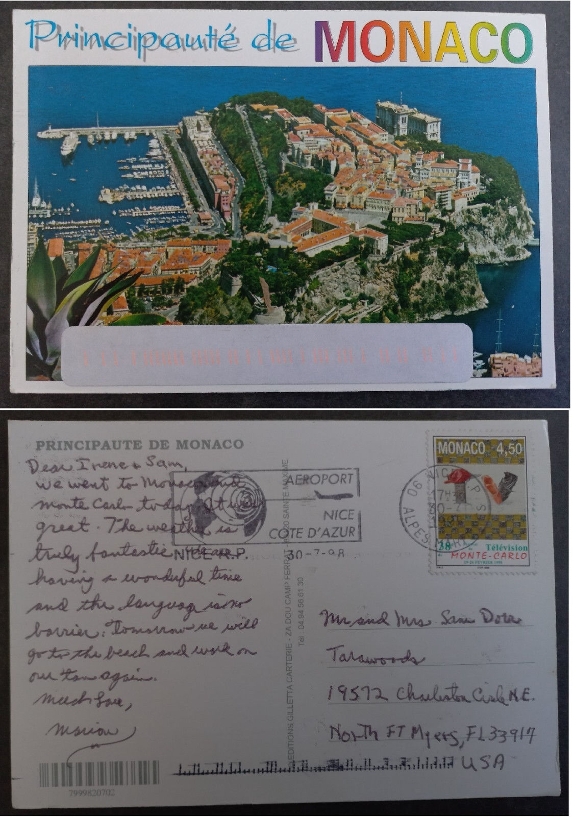 1998 Monaco Postcard ties 4Fr50 stamp cancelled Nice to USA