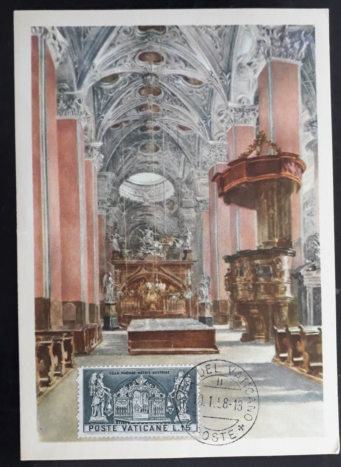 1958 Vatican City 800th Anniversary of Mariazell Church Postcard & 15L stamp