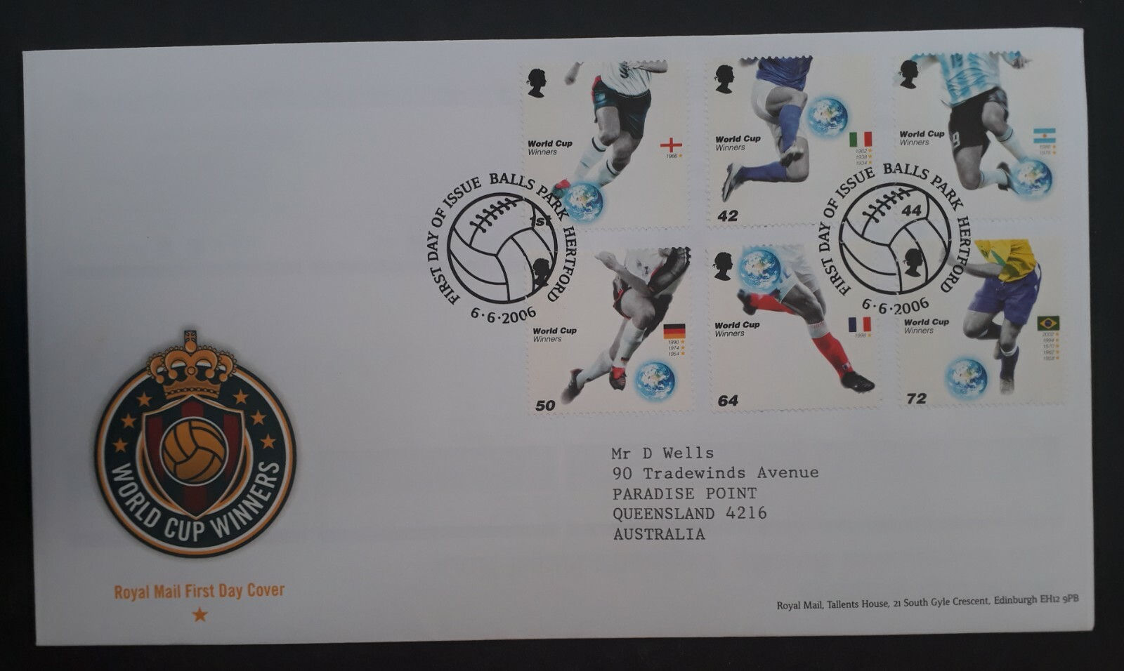 2006 Great Britain World Cup Winners FDC ties 6 stamps to Australia
