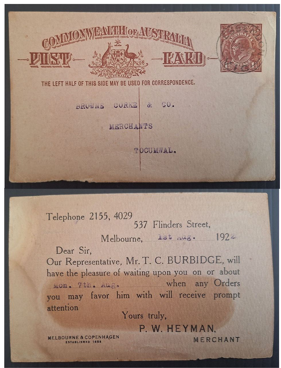 1922 Australia 1 1/2d RedBrown PrePrint Postcard ESSENDON - P.W.Heyman Merchant