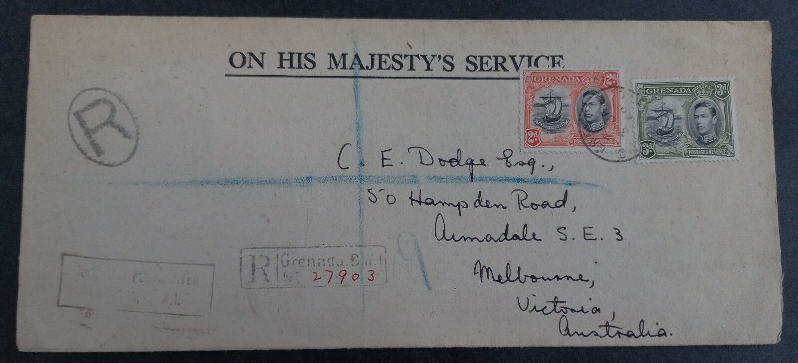 1946 Grenada OHMS Cover ties 2 Stamps cd Grenada-Melbourne, Australia