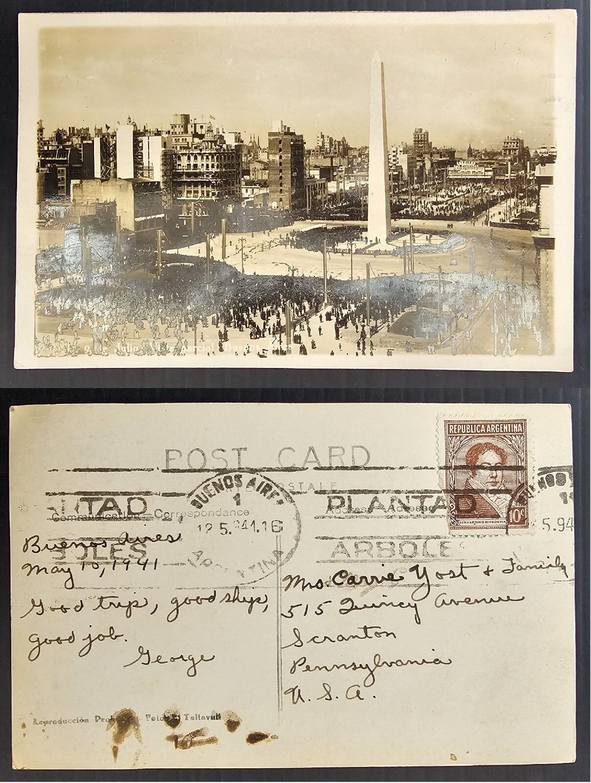 1941 Argentina Postcard-Partial View 10c stamp cd Buenos Aires-Scranton