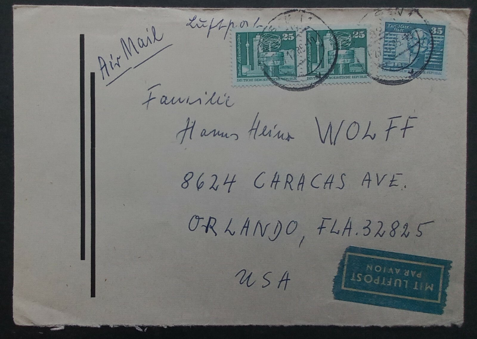 1985 Germany (DDR) Airmail Cover ties 3 Stamps cd Meissen-Orlando