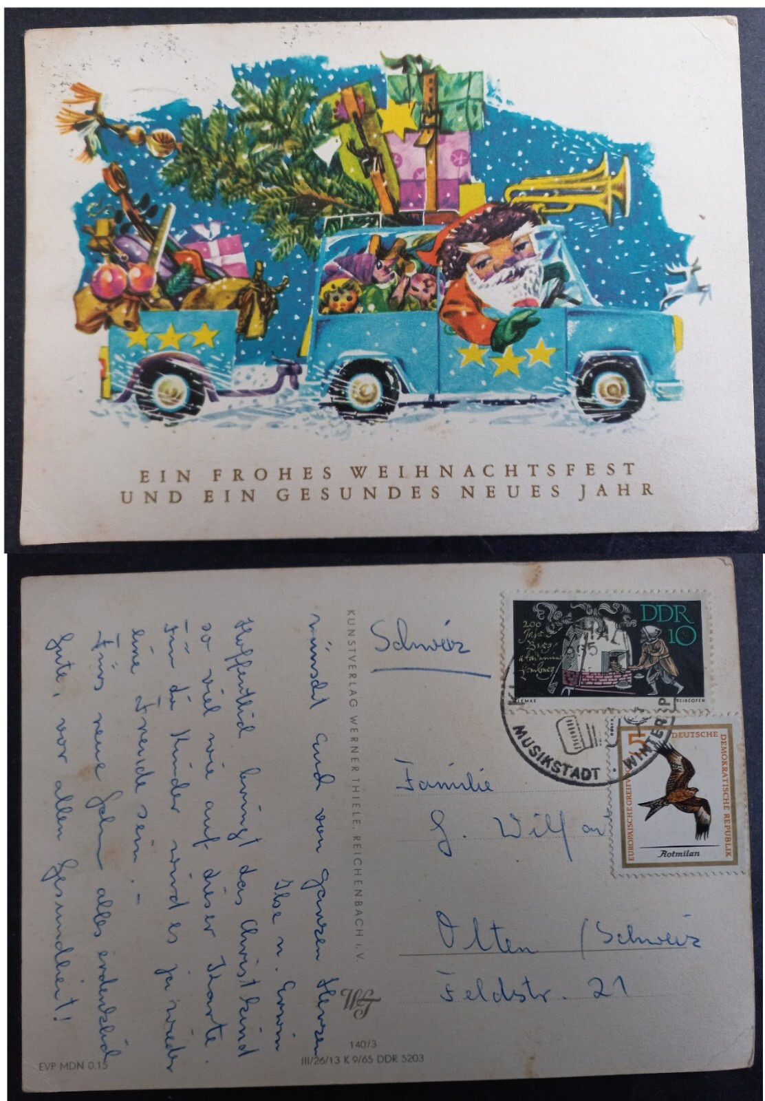 1965 Germany DDR Postcard-Merry Christmas ties 2 stamps cd Klingenthal